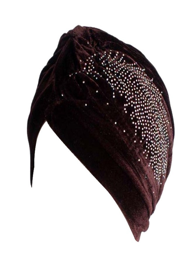 DECOU Feather Image Velvet-Feel Twist Pleated Hair Wrap Stretch Turban Hat (Brown) - Image 1